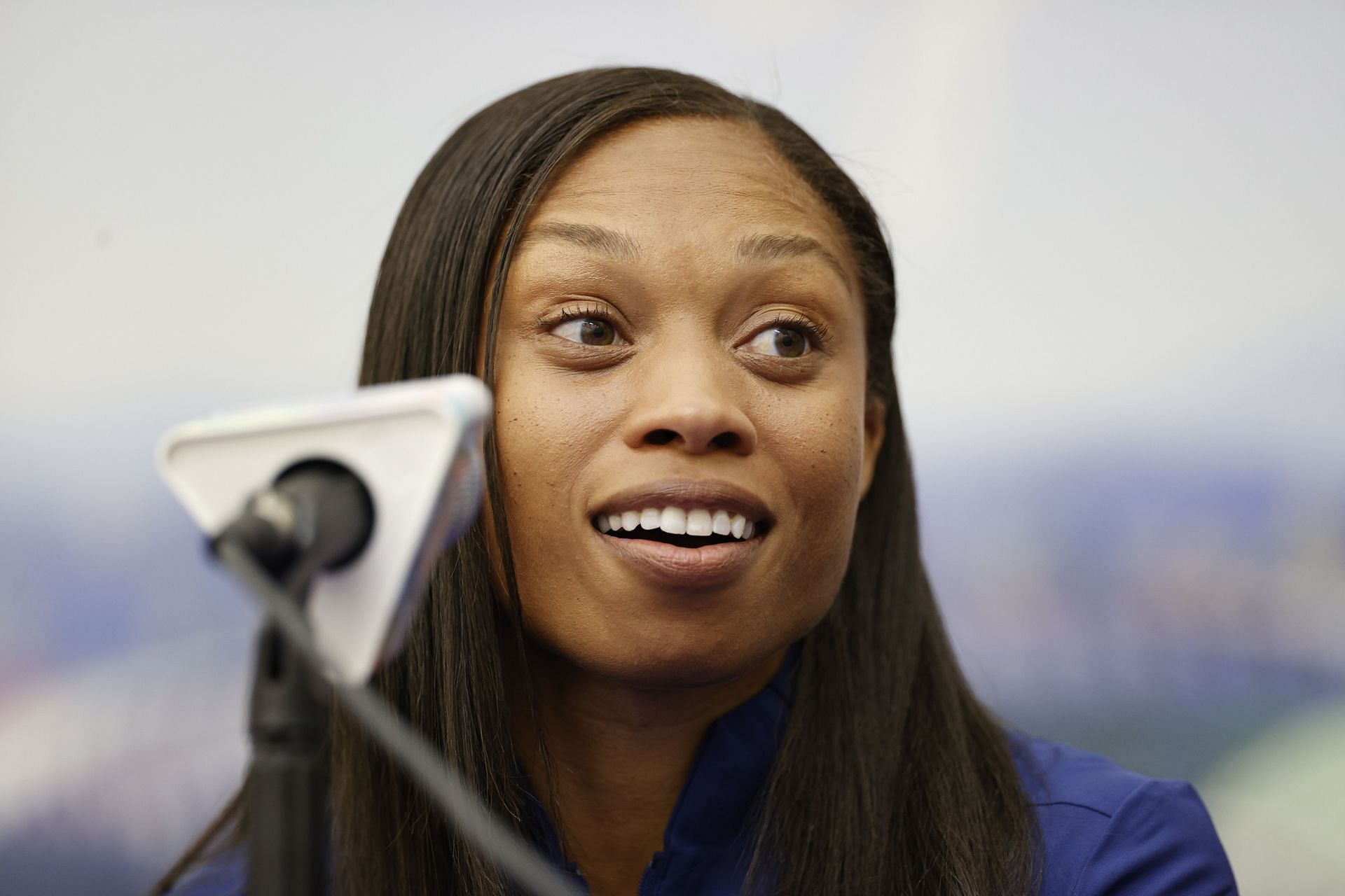 Allyson Felix of Team United States speaks during the Team United States Press Conference prior to competition for the World Athletics Championships Oregon22 at Hayward Field on July 14, 2022 in Eugene, Oregon. (Photo by Steph Chambers/Getty Images)