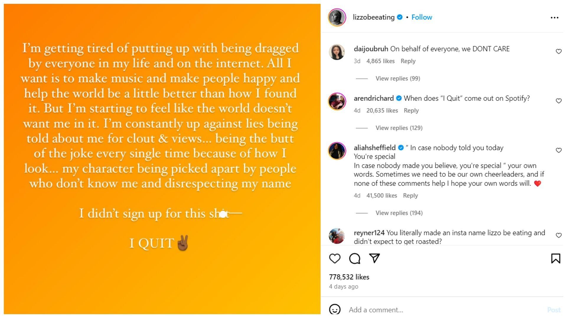 Lizzo&#039;s post about quitting. (Image via Instagram/ @lizzobeeating)