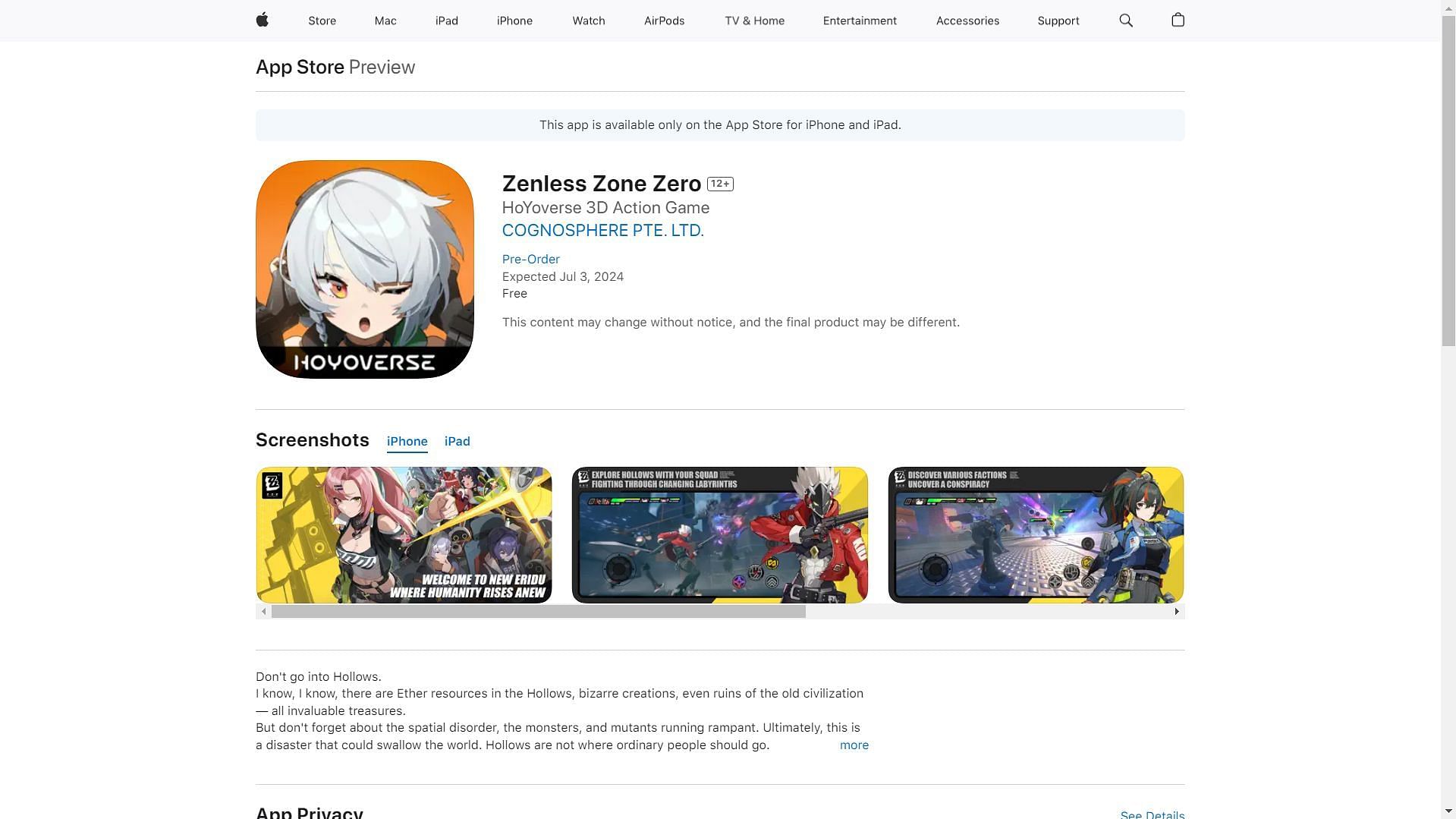 ZZZ App Store listing (Image via Apple App Store)