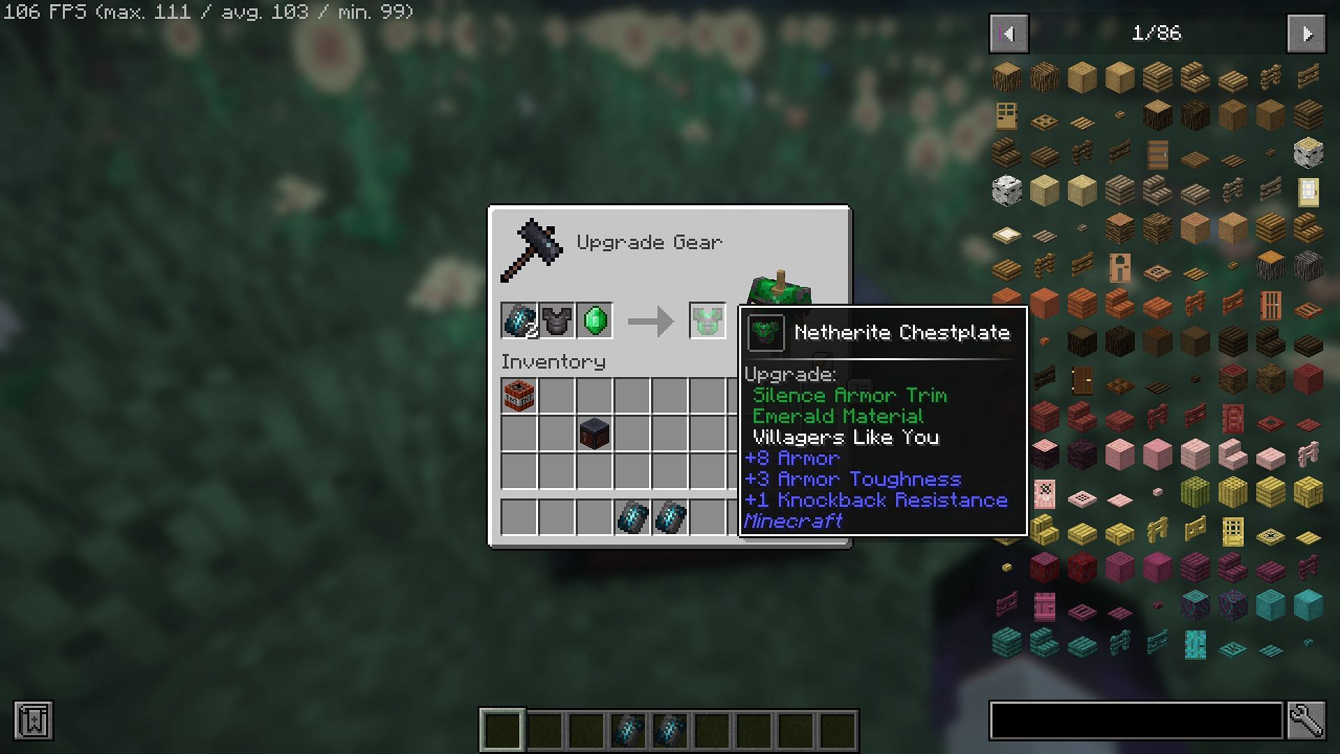 There are tooltips to hint at the different trim effects (Image via Mojang)