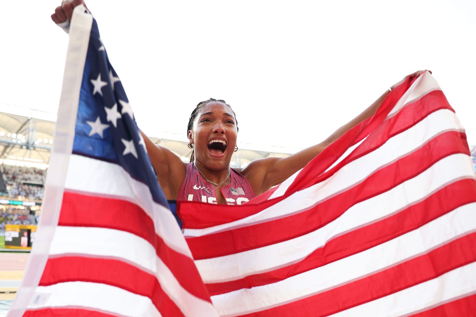 Tara Davis-Woodhall of Team United States reacts after winning silver in the Women&#039;s Long Jump Final during day two of the World Athletics Championships Budapest 2023 at National Athletics Centre on August 20, 2023 in Budapest, Hungary. (Photo by Patrick Smith/Getty Images)