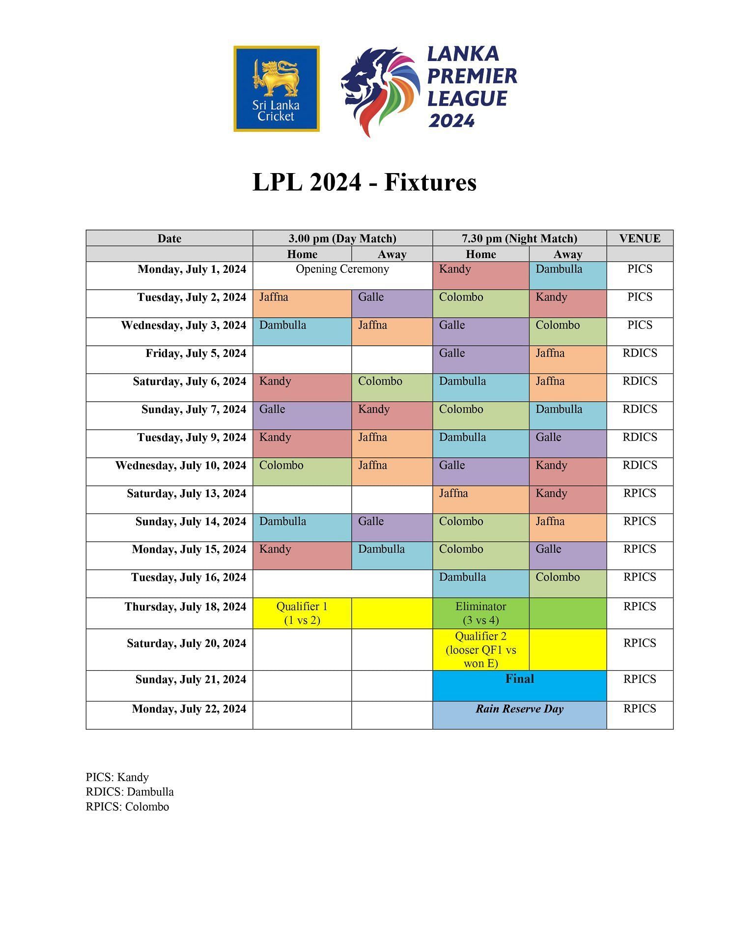 Complete schedule of Lanka Premier League (LPL) 2024