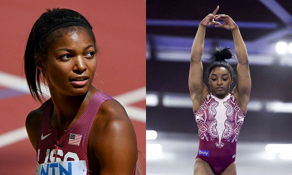 Gabby Thomas reacts to Simone Biles Powerade collaboration video