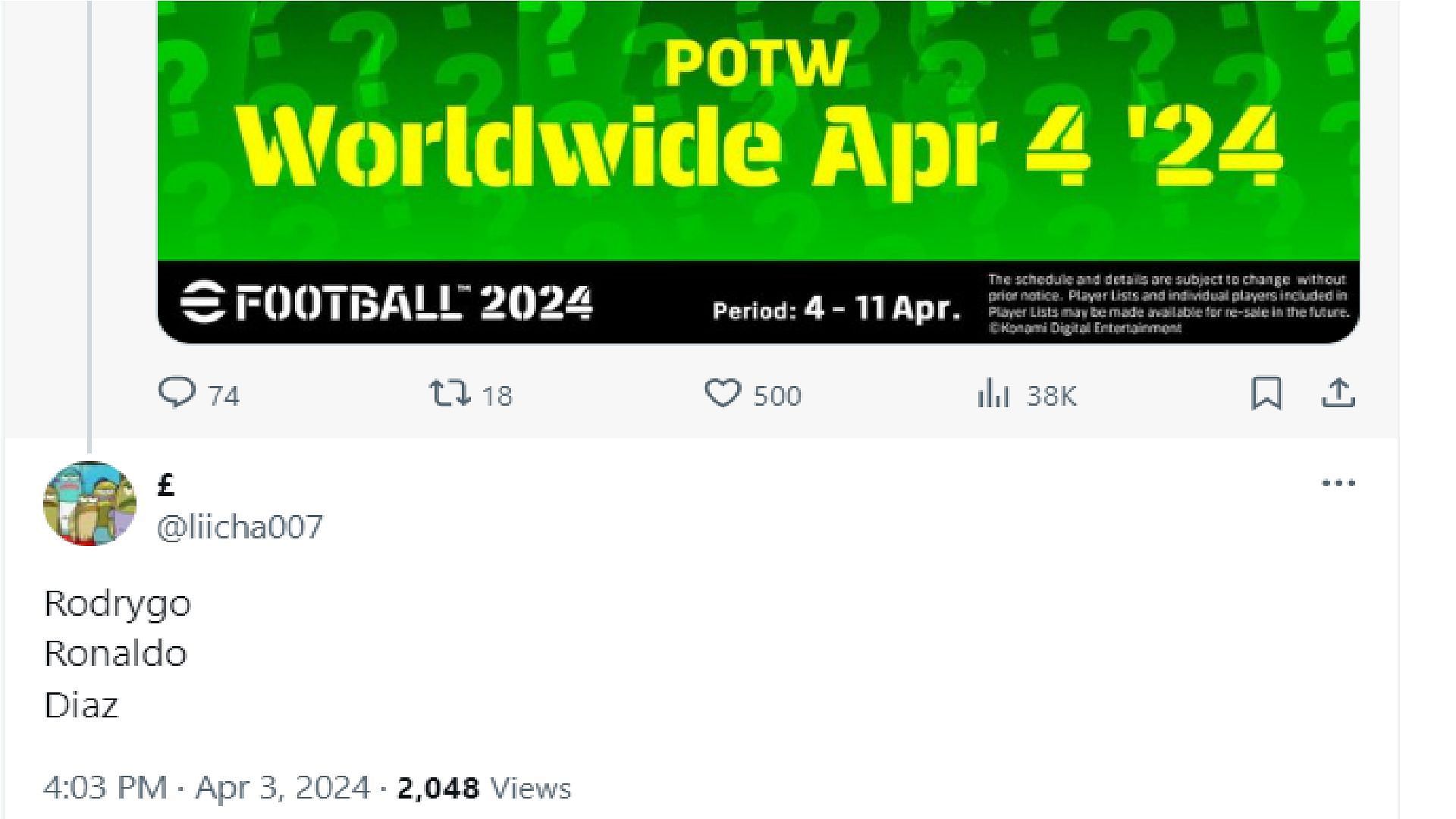 liichaa007 probably made the best guesses about POTW April 4, 2024, in eFootball 2024 (Image via X/liichaa007)