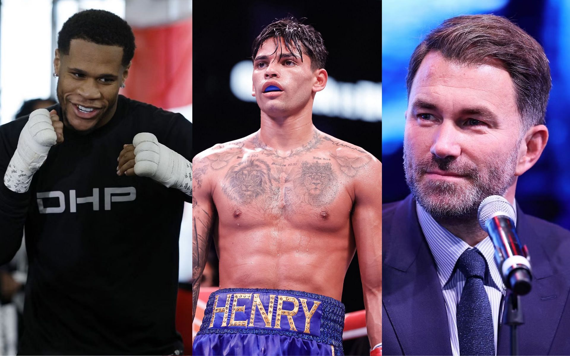 Eddie Hearn (right) believes Ryan Garcia (middle) could benefit from his pre-fight antics against Devin Haney (left) [Images Courtesy: @GettyImages]