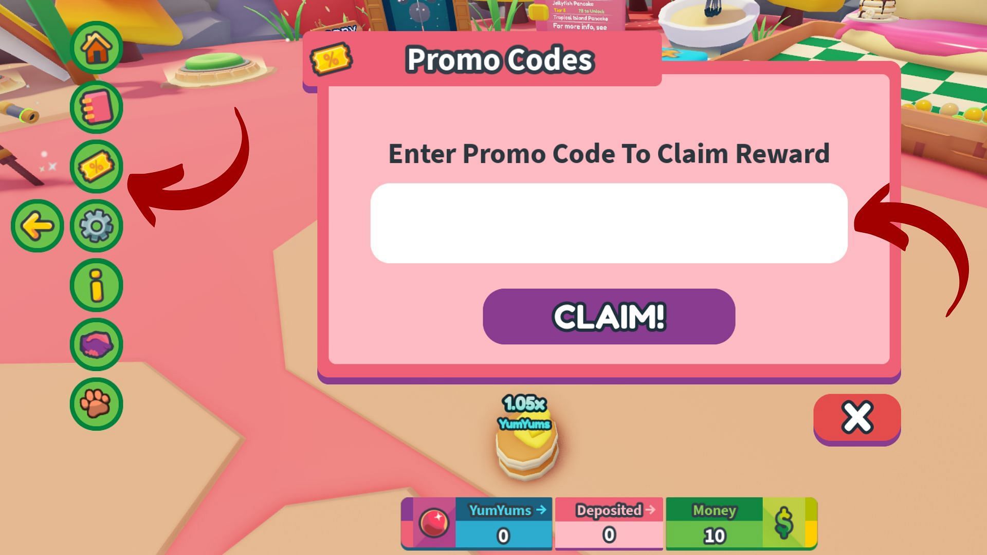 Redeem codes in Pancake Empire Tower Tycoon Codes (Image via Roblox)