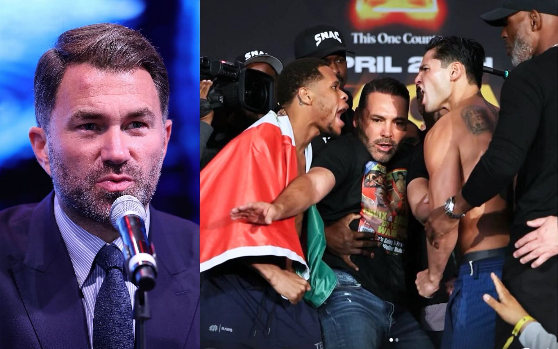Eddie Hearn (left) explains why withdrawing Ryan Garcia from his clash with Devin Haney (right) is not as simple as it seems [Images Courtesy: @GettyImages, @realdevinhaney on Instagram]