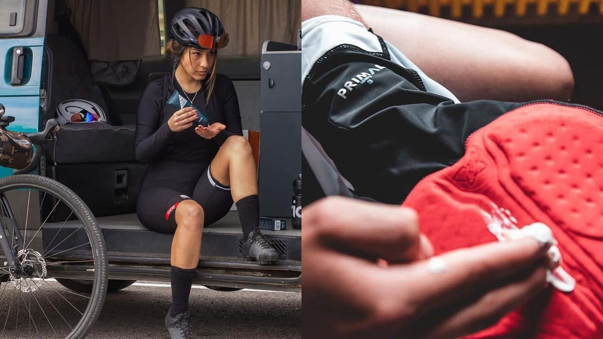 Embrocation vs chamois cream (Image via @primaleurope, @bend36official/ Instagram)
