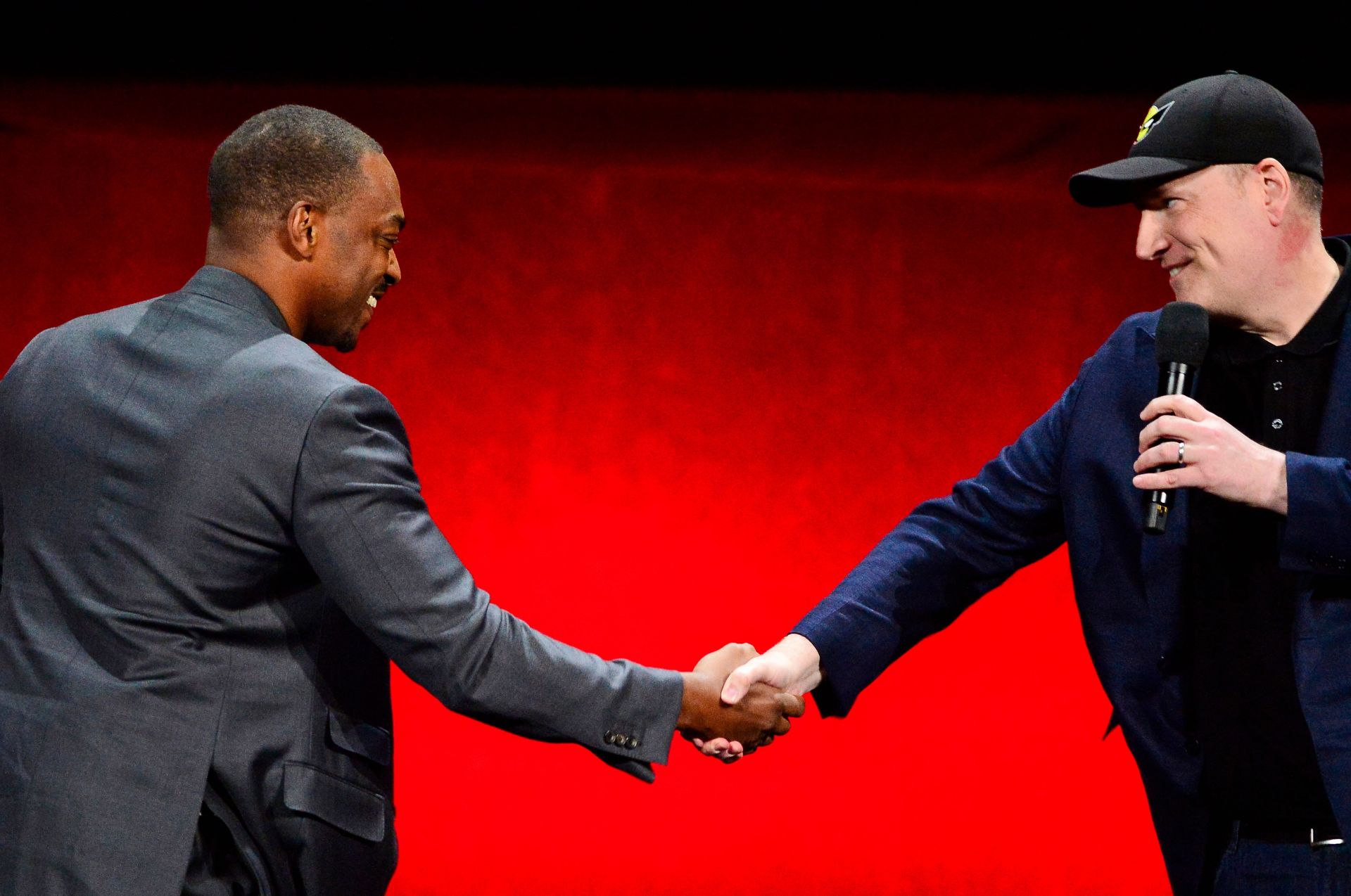 Anthony Mackie and Kevin Feige at CinemaCon 2024 (Image via Getty/Jerod Harris)