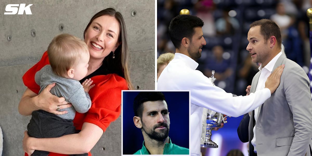 Maria Sharapova and son Theodore (L), Novak Djokovic and Andy Roddick (R), Novak Djokovic (Inset)