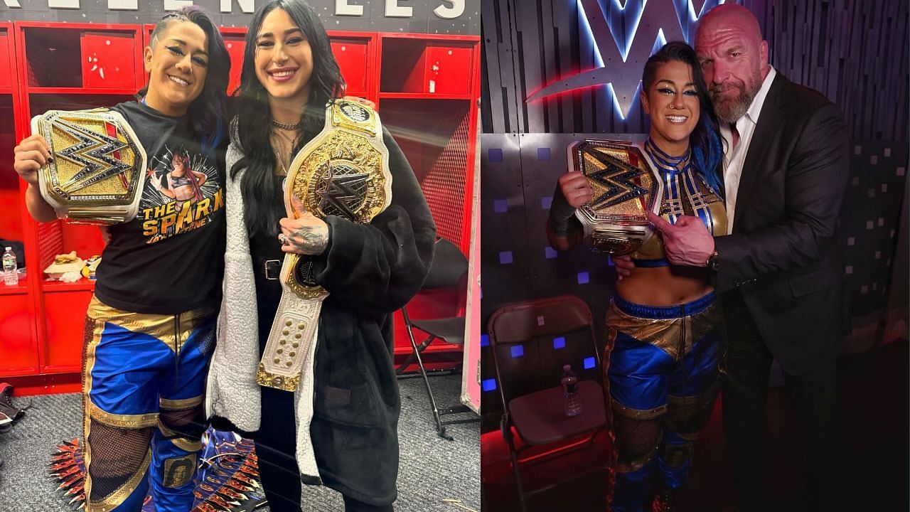 Bayley and Rhea Ripley(left) and Bayley with Triple H(right)