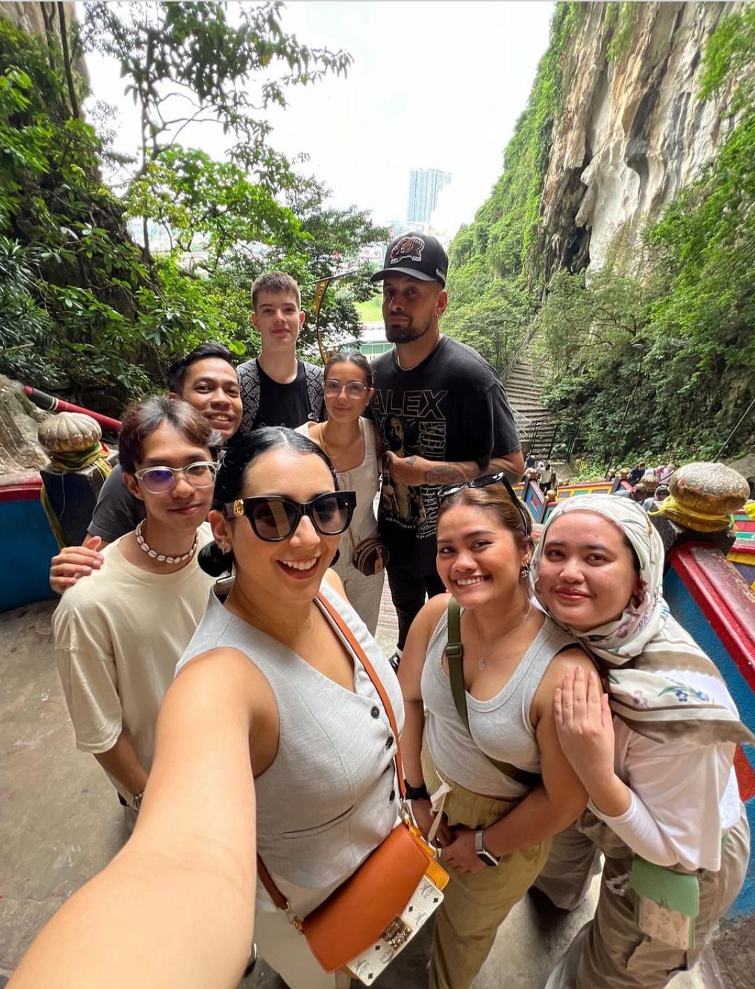 Kyrgios and gang striking a pose at the Batu Caves complex