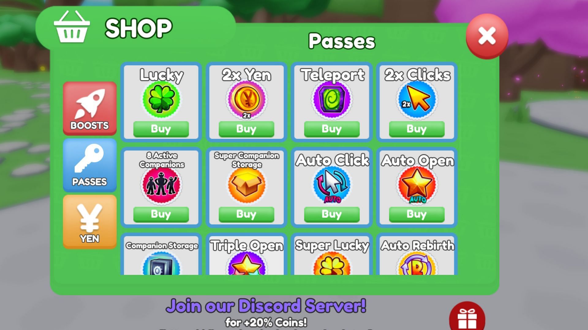 Boosts, Passes, &amp; Yen in Anime Clicker Simulator (Image via Roblox)