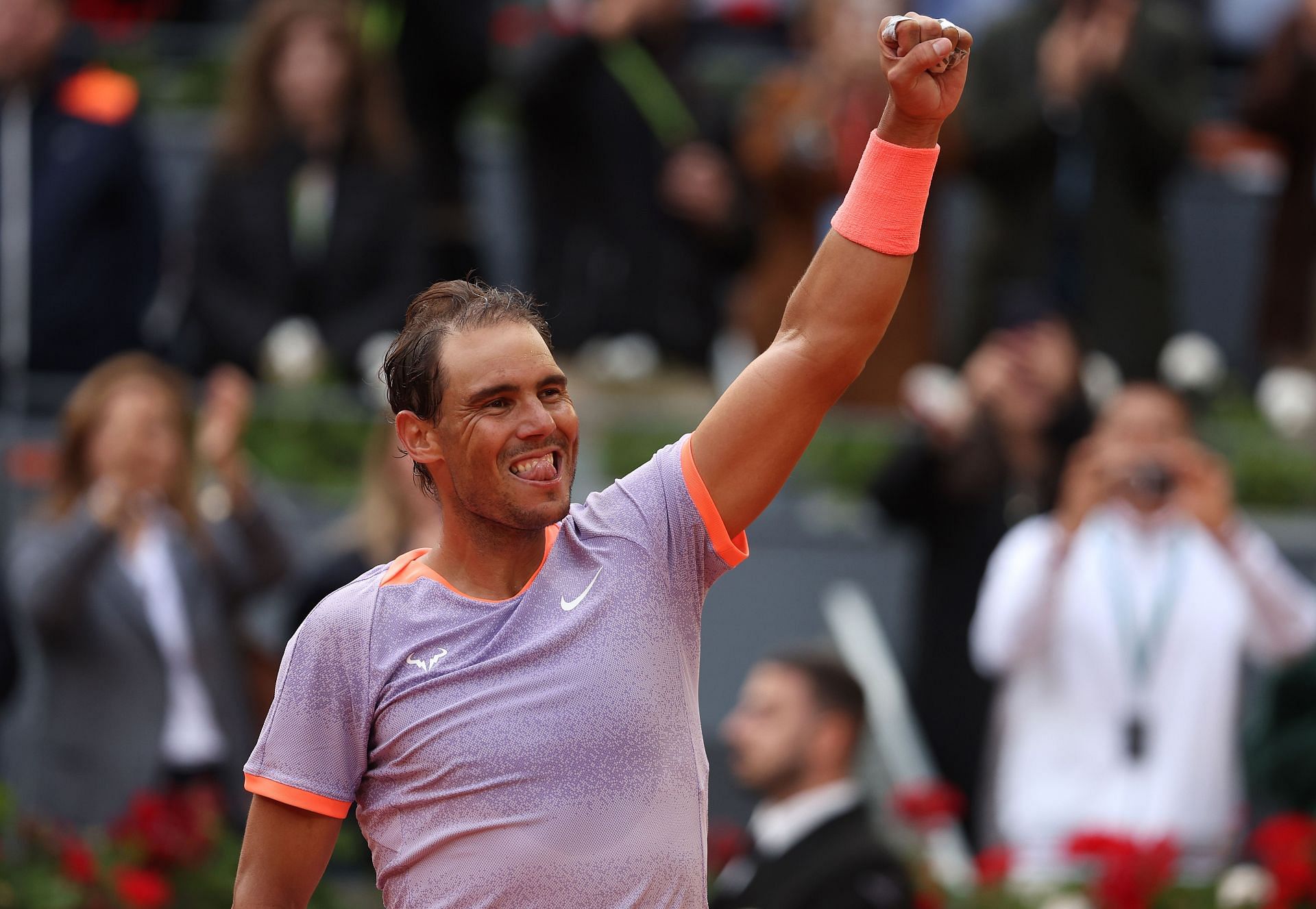 Rafael Nadal celebrates after winning at 2024 Madrid Open on Monday