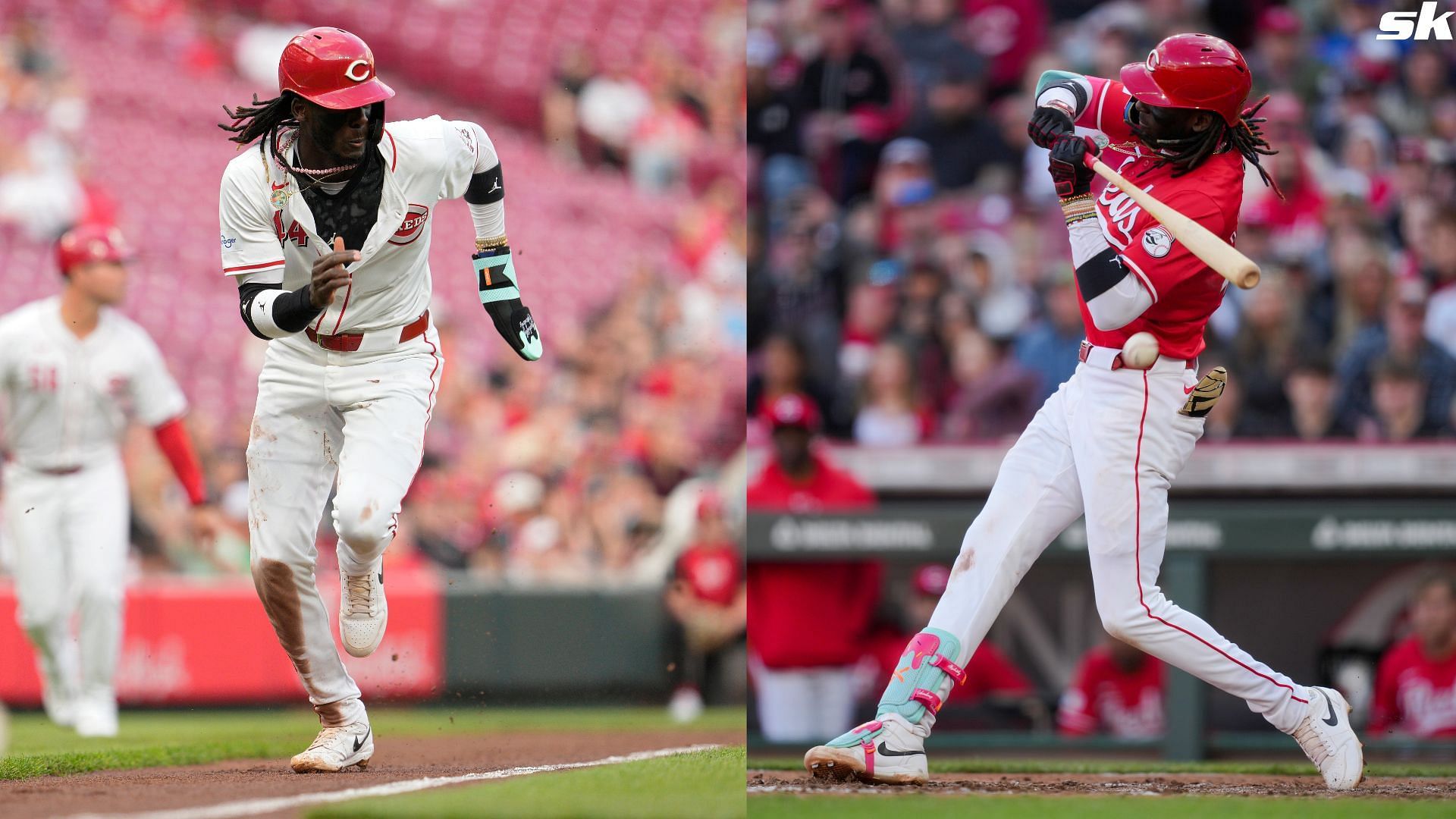 Elly De La Cruz of the Cincinnati Reds scores on a ground out during the second inning of a game against the Milwaukee Brewers at Great American Ball Park