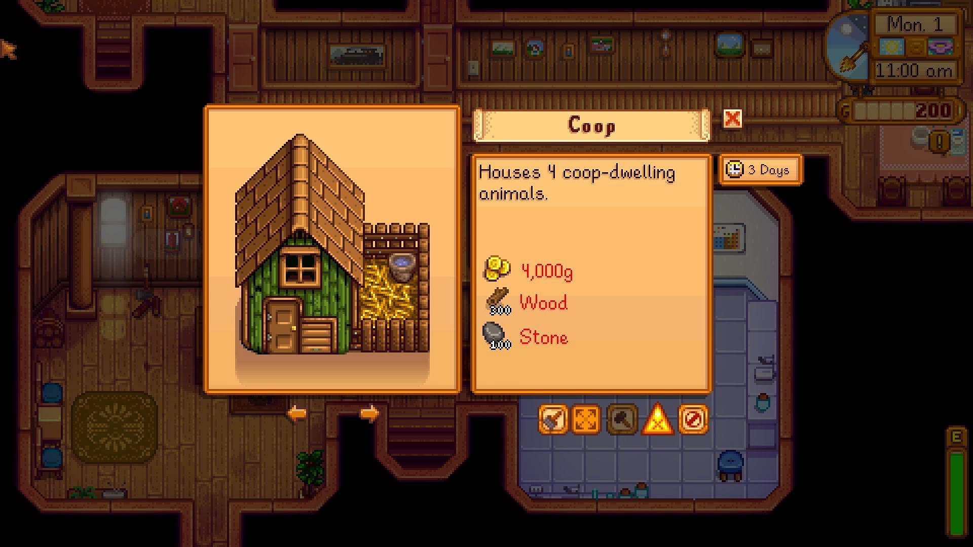 The first Coop costs 4000g to build (Image via ConcernedApe)