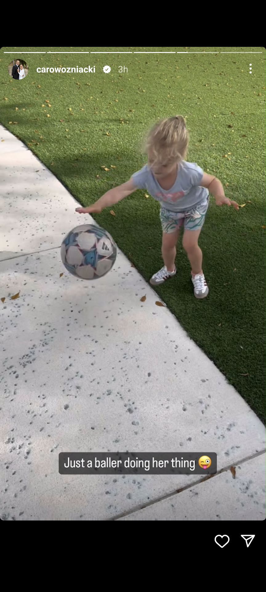 Caroline Wozniacki&#039;s Instagram post featuring her daughter Olivia playing basketball with a football Miami Open Presented by Itau 2024 - Day 6 Miami Open Presented by Itau 2024 - Day 6
