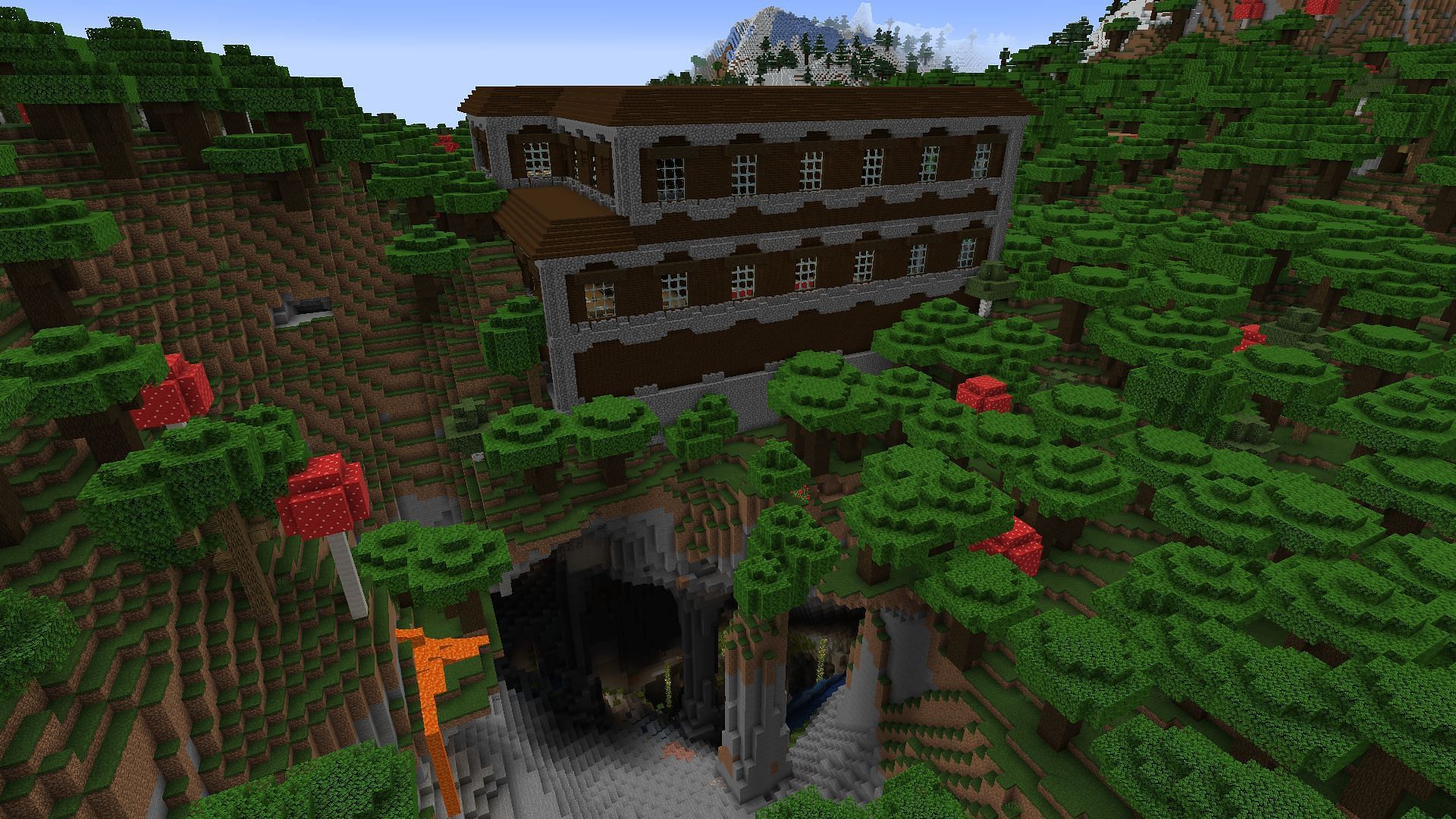 One of this Minecraft mansion seed&#039;s woodland structures even comes with a cave to explore (Image via Mojang)