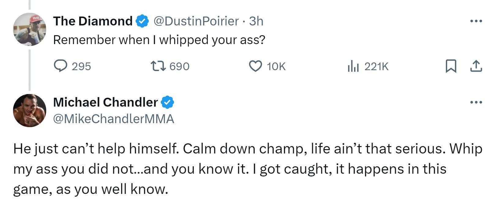 Dustin Poirier and Michael Chandler&#039;s tweets [Image via @MikeChandlerMMA on X]