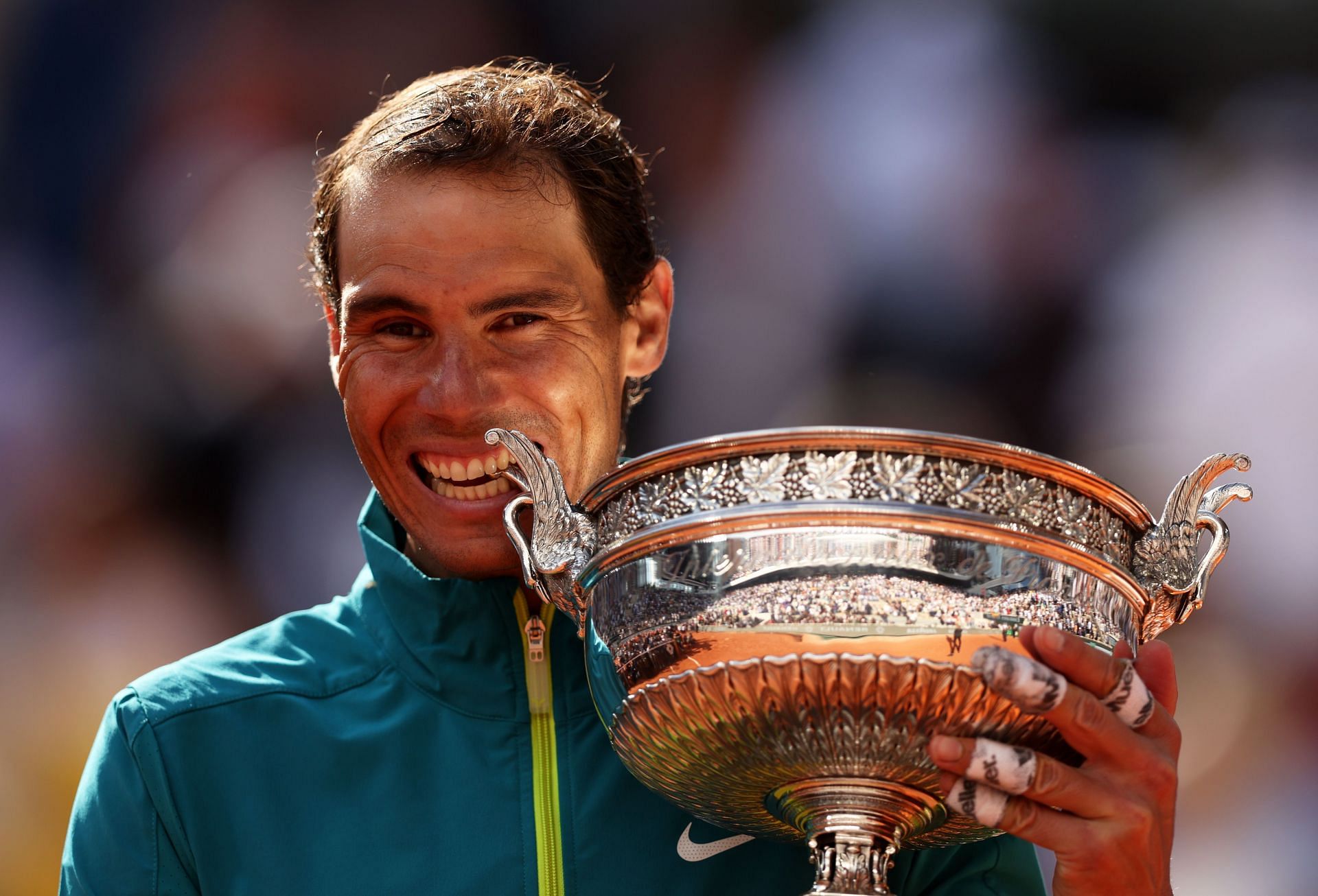 Rafael Nadal with the trophy after winning the French Open in 2022