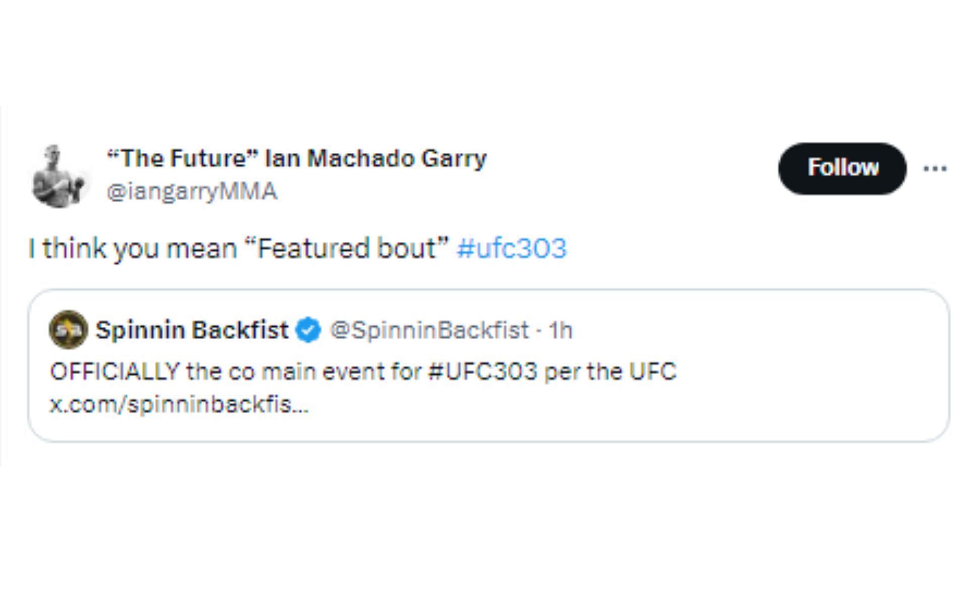 Garry&#039;s tweet regarding UFC 303 [Image courtesy: @iangarryMMA - X]