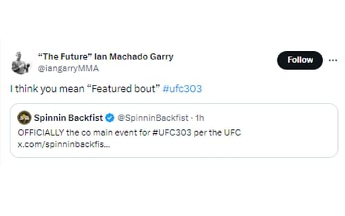 Garry's tweet regarding UFC 303 [Image courtesy: @iangarryMMA - X]