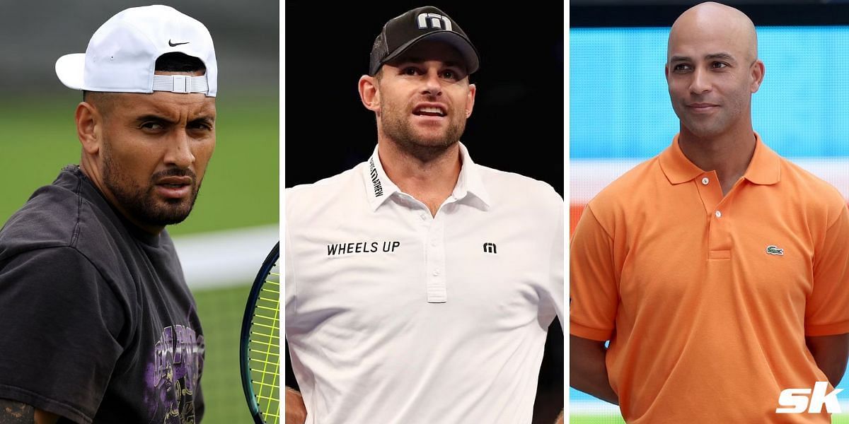 Nick Kyrgios (L), Andy Roddick, and James Blake (R)