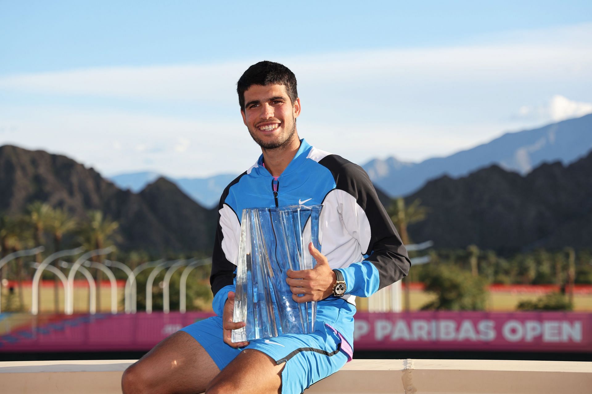 Carlos Alcaraz with the trophy after winning the Indian Wells Masters in 2024