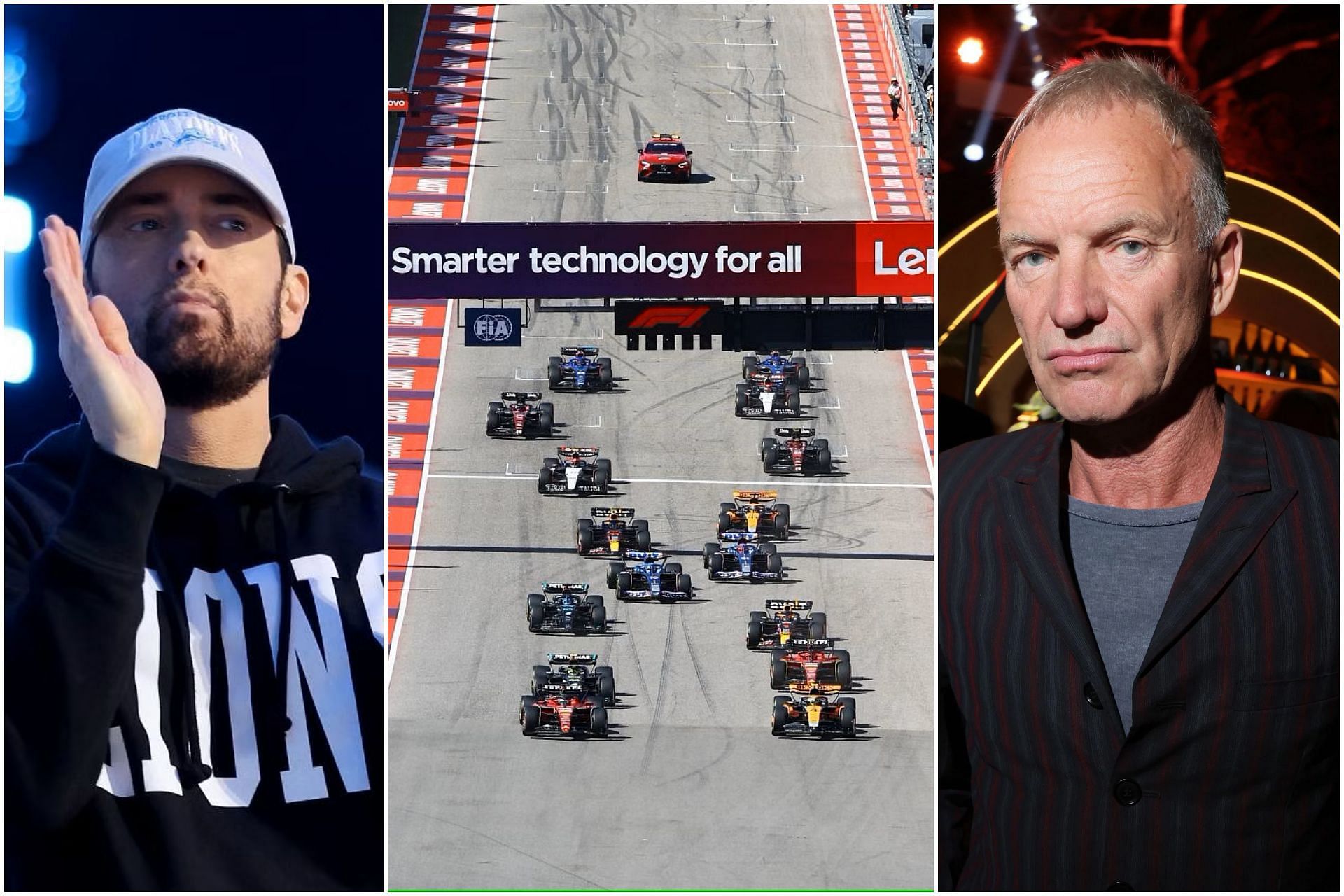 Eminem and Sting to perform live during the 2024 F1 US GP (Collage via Sportskeeda)
