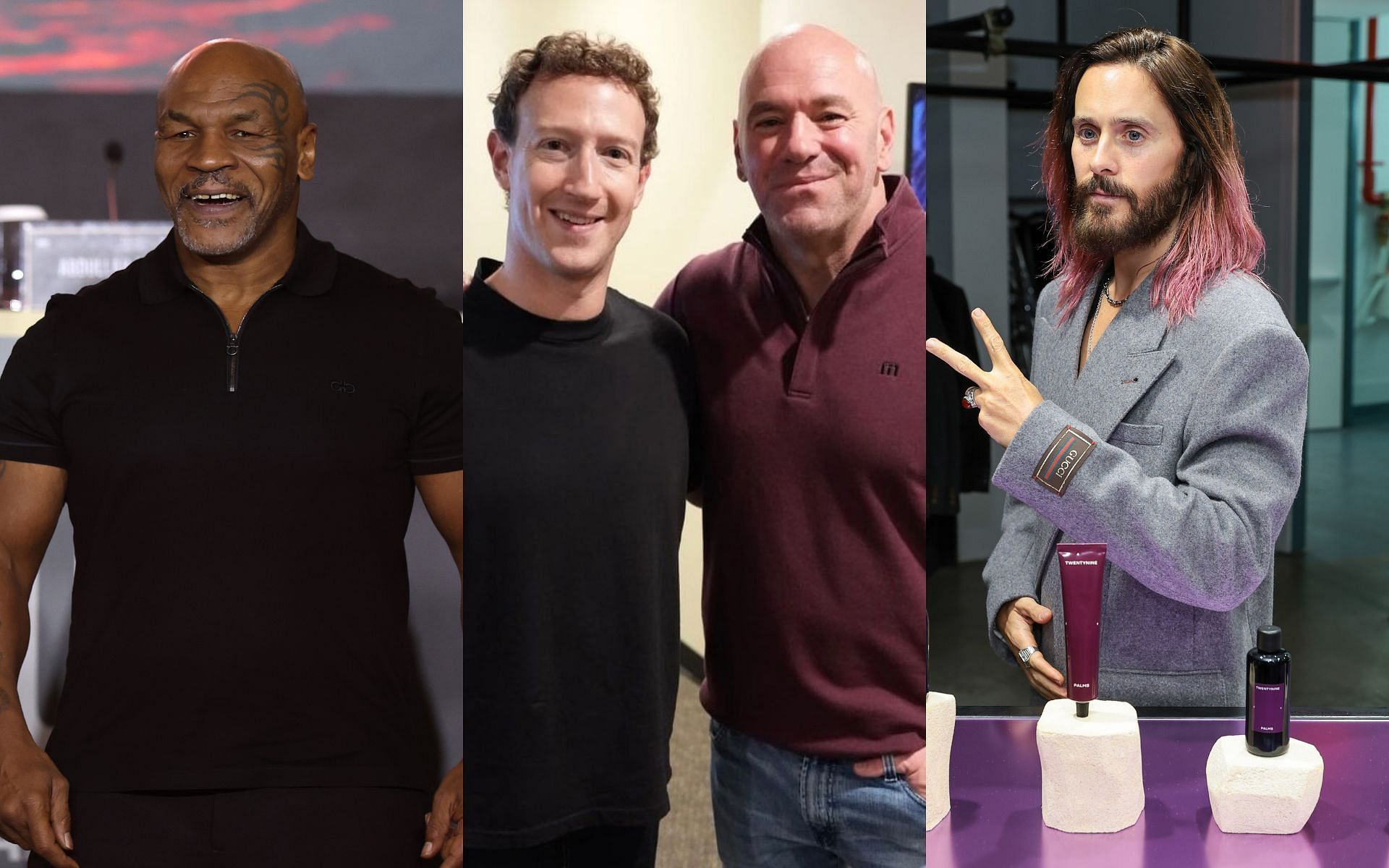 Mike Tyson (left), Mark Zuckerberg and Dana White (middle), and Jared Leto (right) were at the T-Mobile Arena in Las Vegas for UFC 300 [Images courtesy: middle image via @danawhite on Instagram; left and right images via Getty Images]