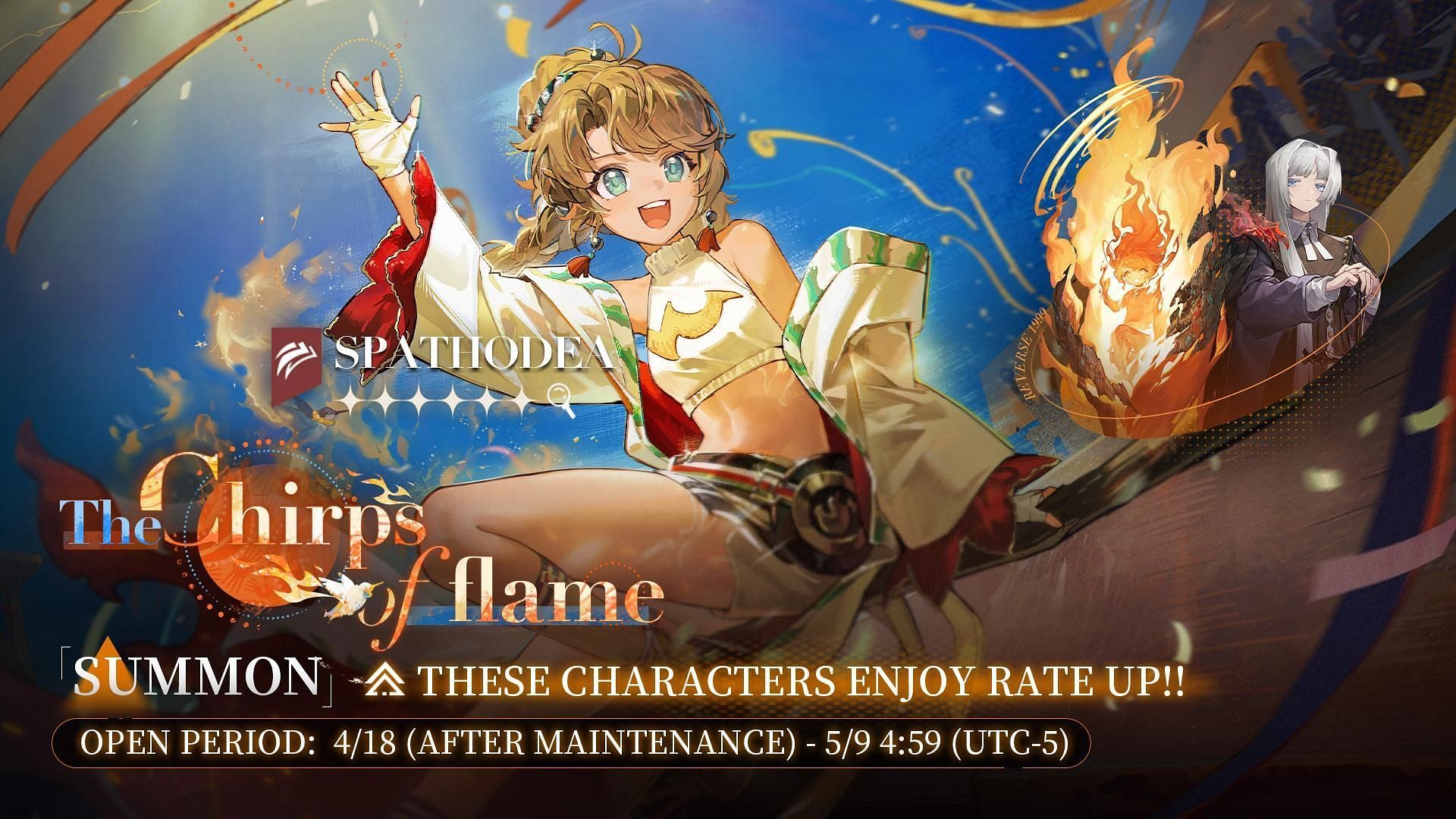 The Chirps of Flame is a new banner in the Reverse 1999 Version 1.5 Phase One update, featuring Spathodea and Ulu. (Image via Bluepoch)
