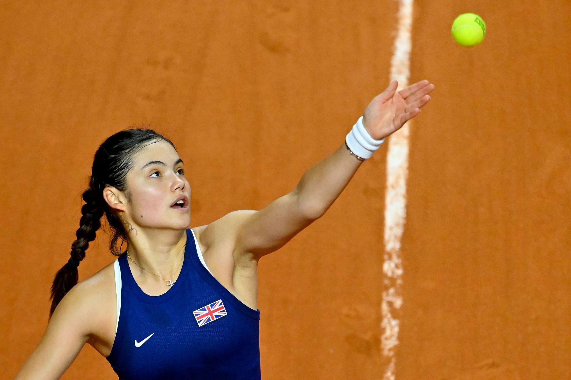 Emma Raducanu in action during the Billie Jean Cup qualifier between Great Britain and France