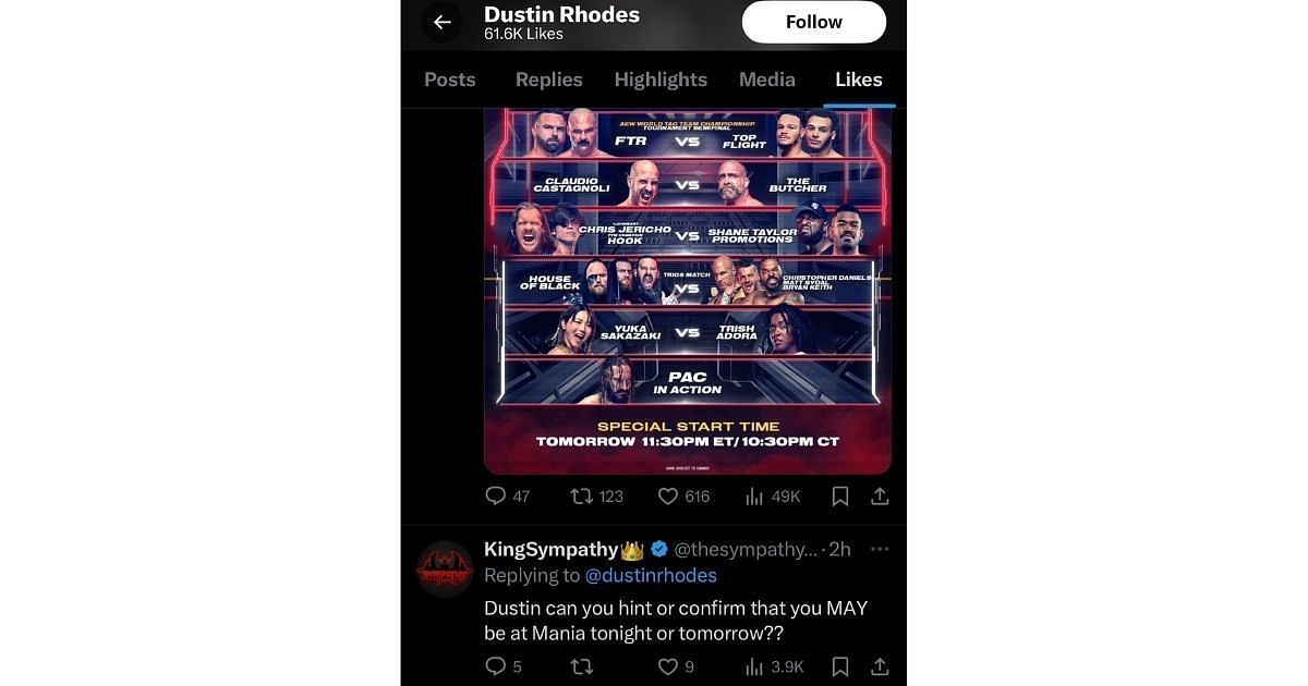 Dustin likes the fan&#039;s tweet asking him to be at WrestleMania 40 (source-Dustin Rhodes official X)