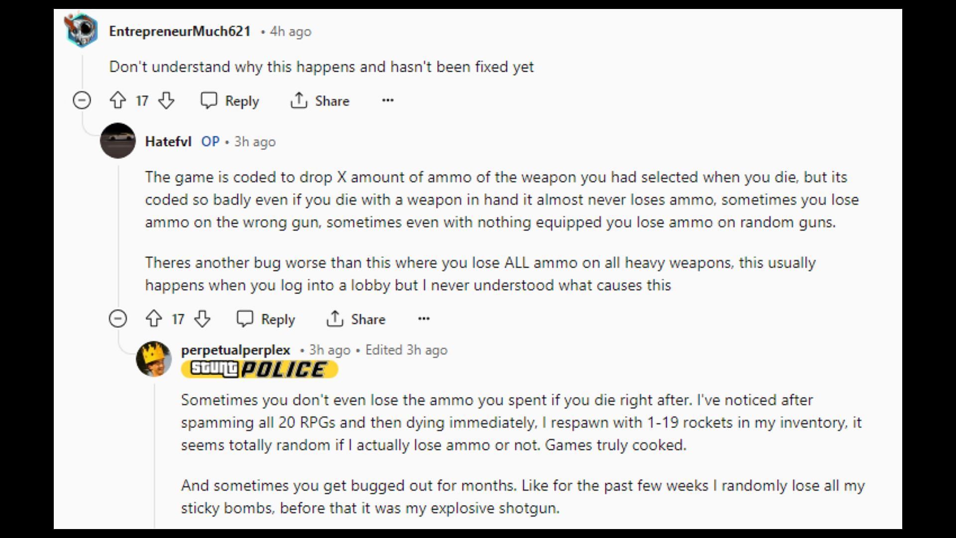 The GTA Online community discusses the disappearing ammunition glitch (Image via Reddit)