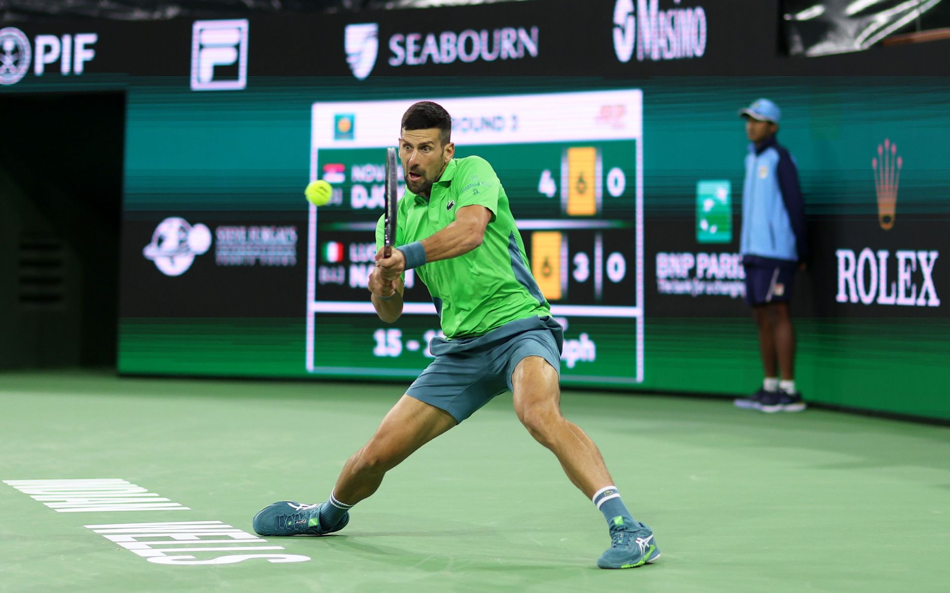 Novak Djokovic hits a backhand at Indian Wells Masters 2024