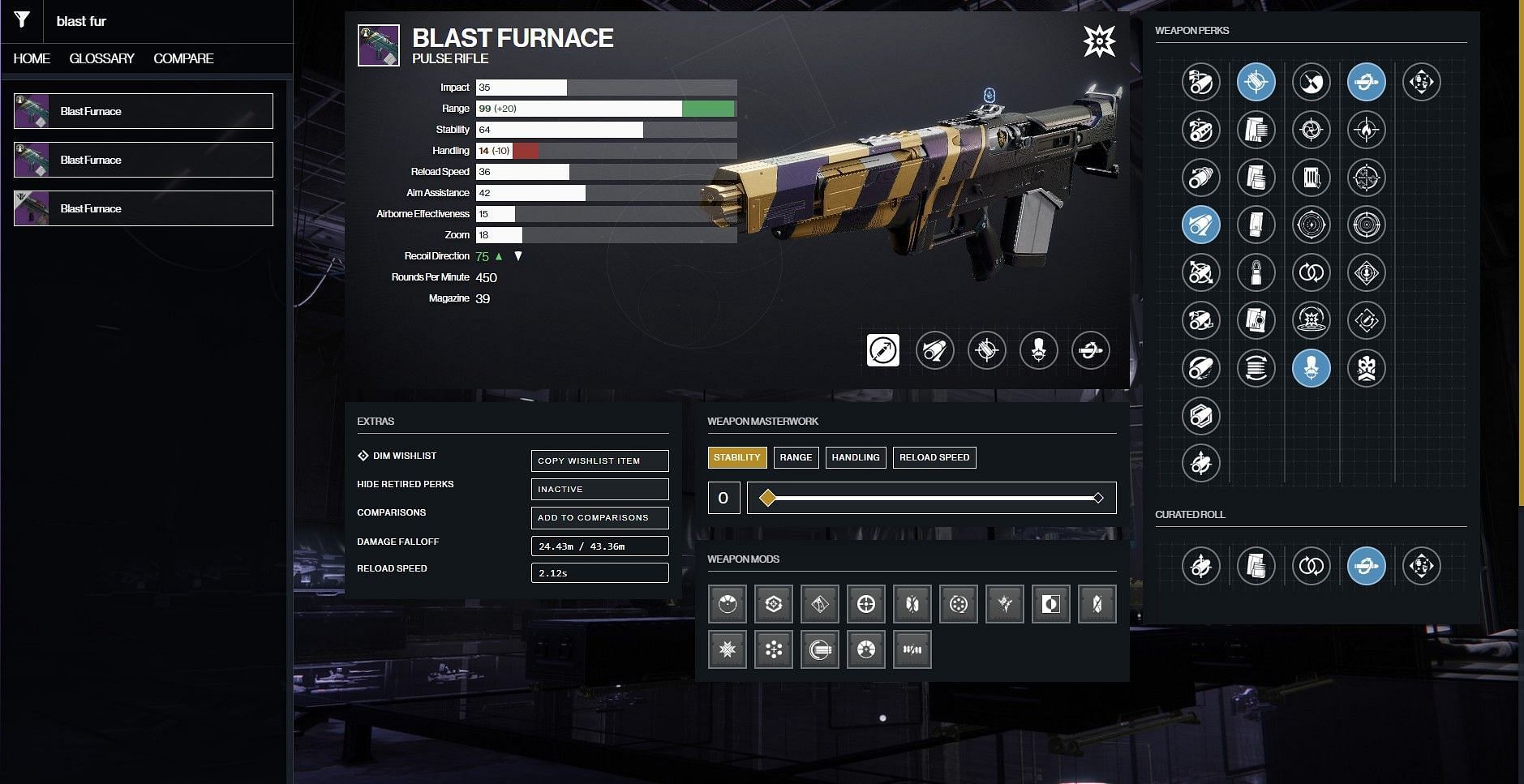 Blast Furnace PvP god roll (Image via D2Gunsmith)