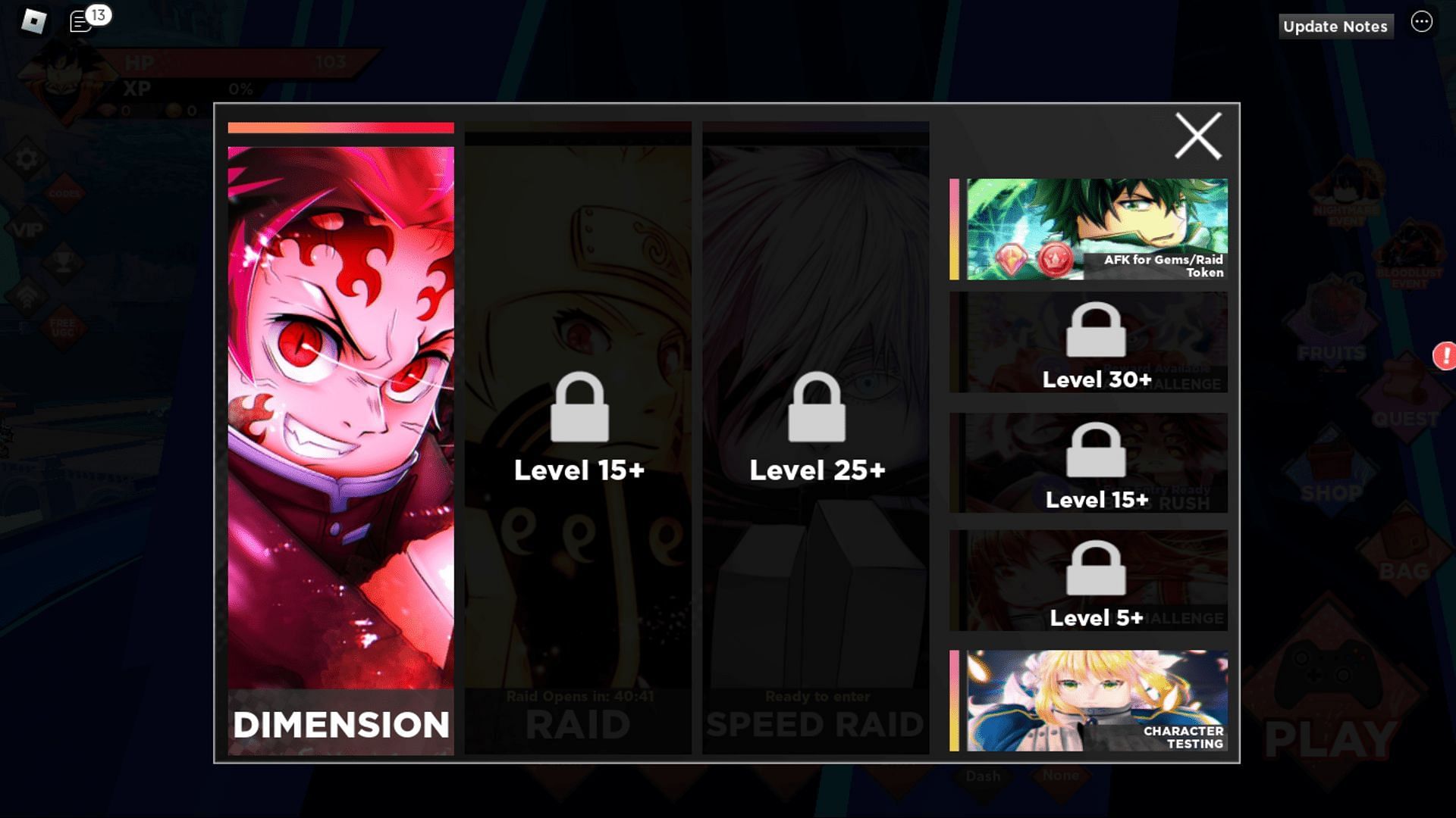 The mode selection window in Anime Dimensions SImulator (Image via Roblox)