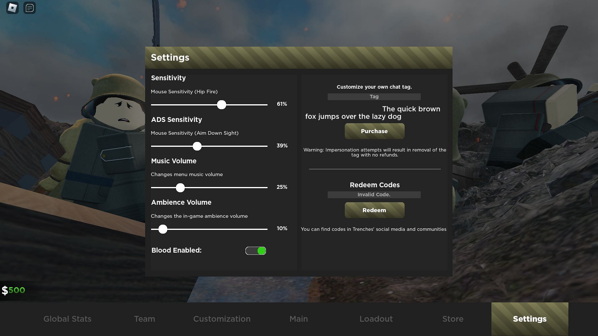 Troubleshooting codes for Trenches (Image via Roblox)