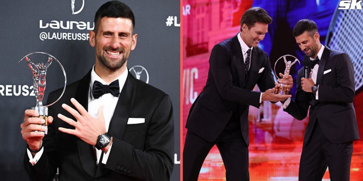 Novak Djokovic (L) and Djokovic receiving his Laureus award from Tom Brady (R)