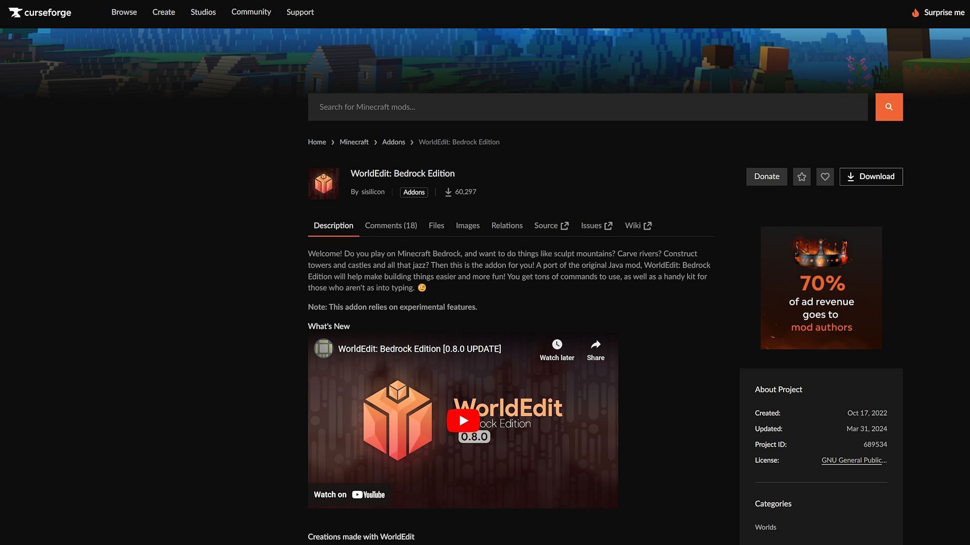 The page for WorldEdit: Bedrock Edition on CurseForge (Image via CurseForge)