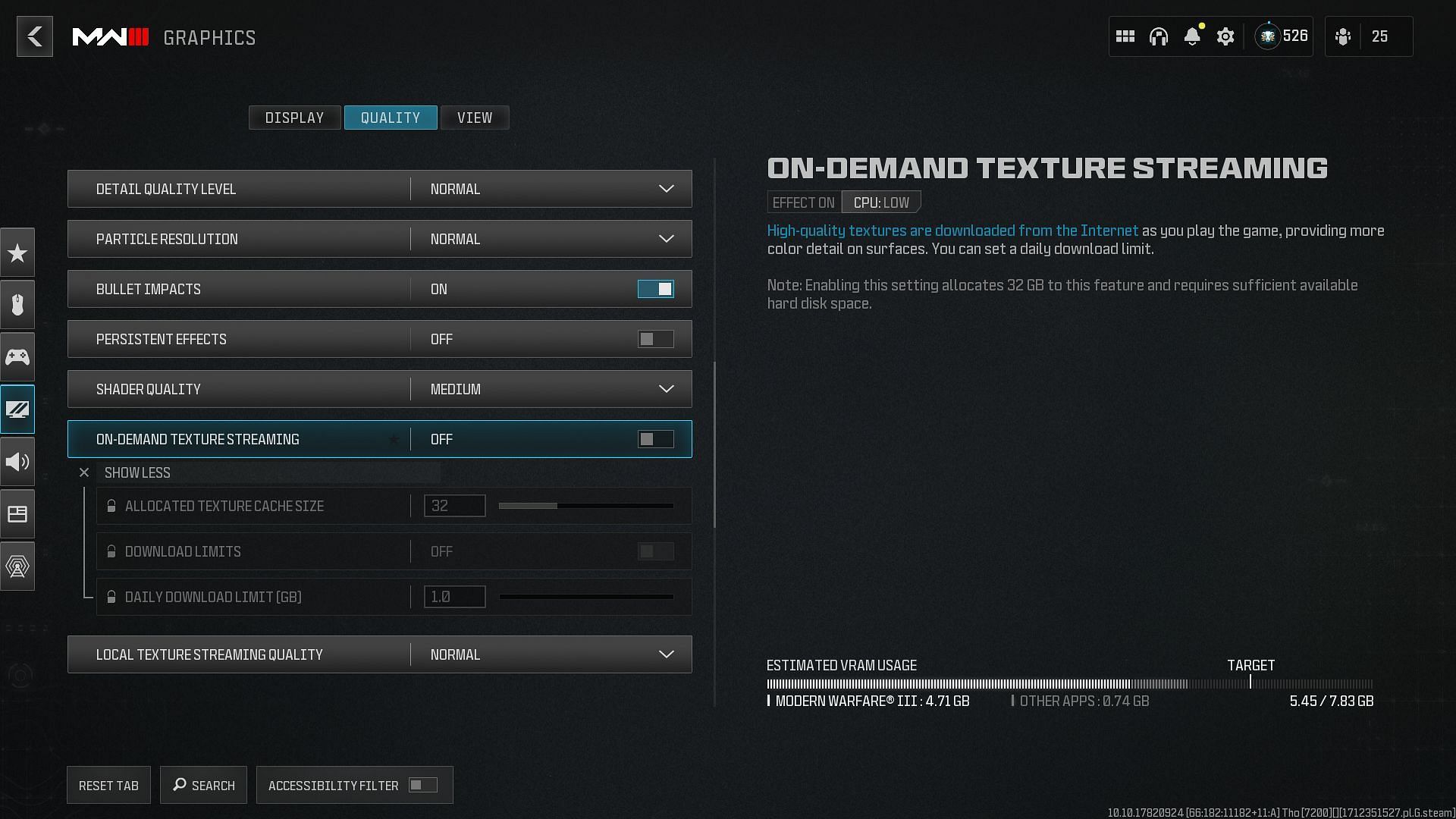 Turning off &#039;On-Demand Texture Streaming&#039; setting in MW3 and Warzone (Image via Activision)