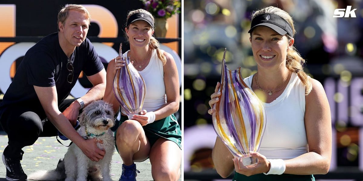 Danielle Collins poses with her boyfriend and dog after winning Charleston Open title