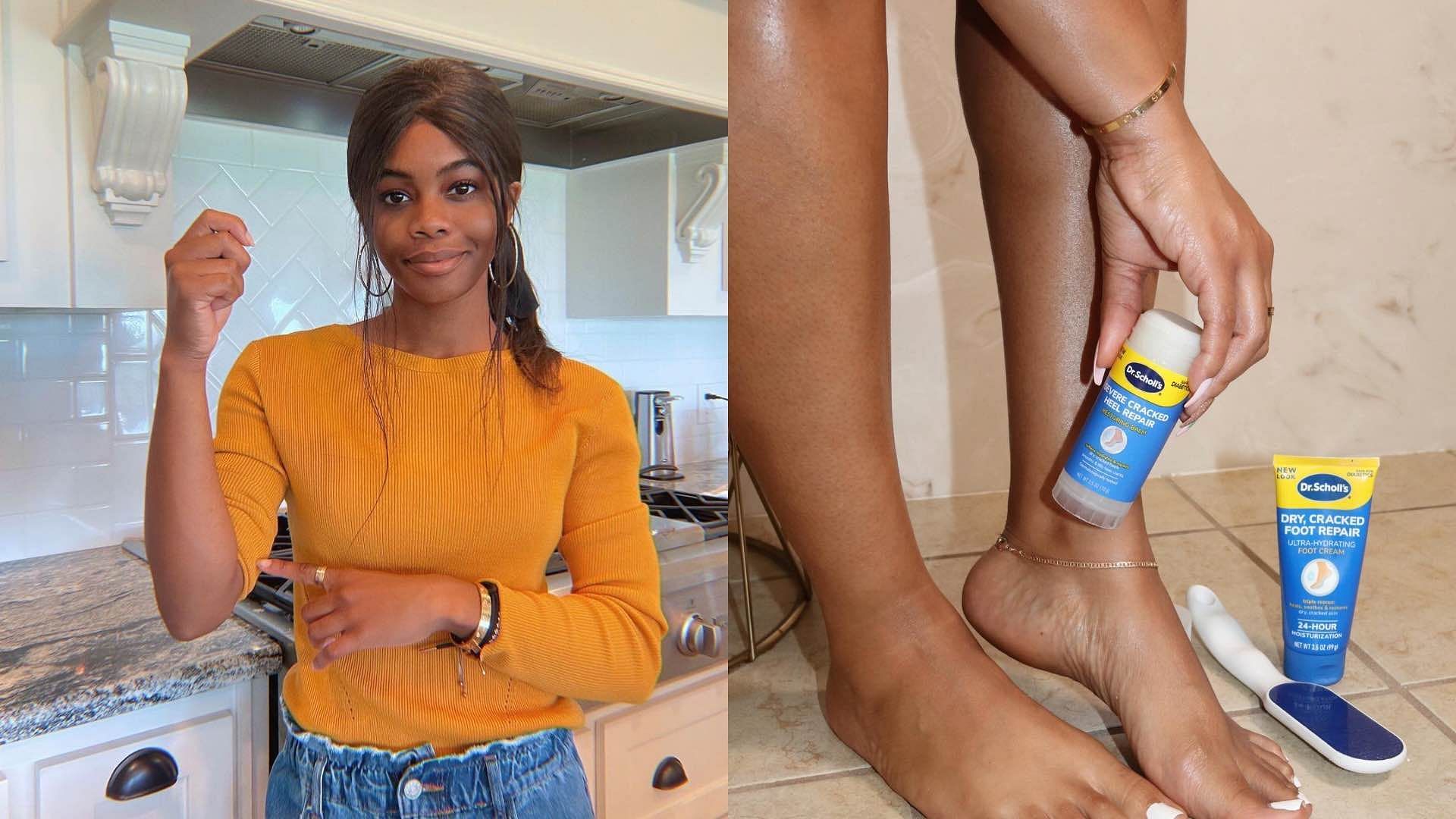 Gabby Douglas&rsquo; body care routin (Image via @drscholls_usa, @gabbycvdouglas/ Instagram)