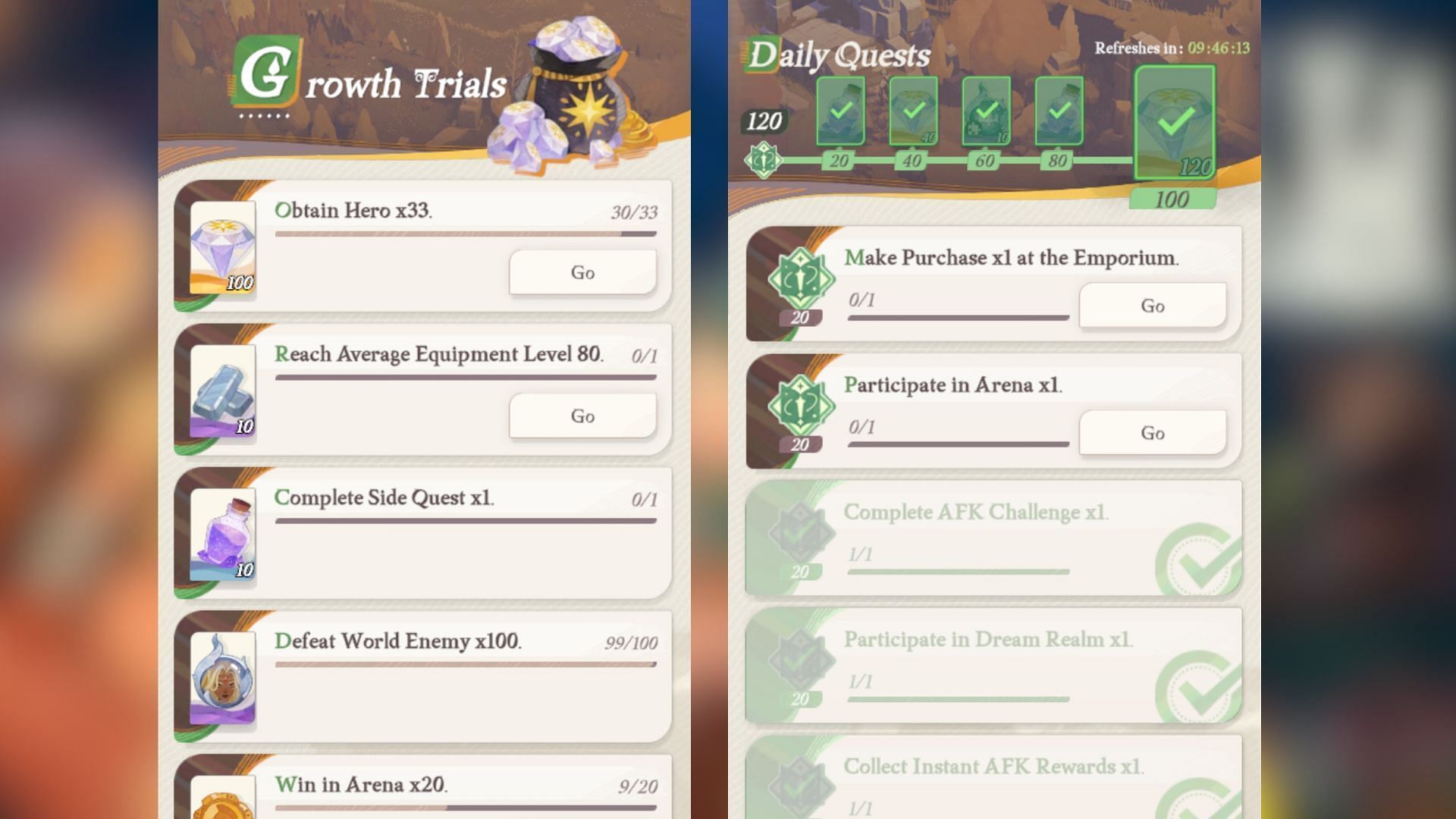Complete Growth Trials and Daily Quests to obtain Hero Essence (Image via Lilith Games)