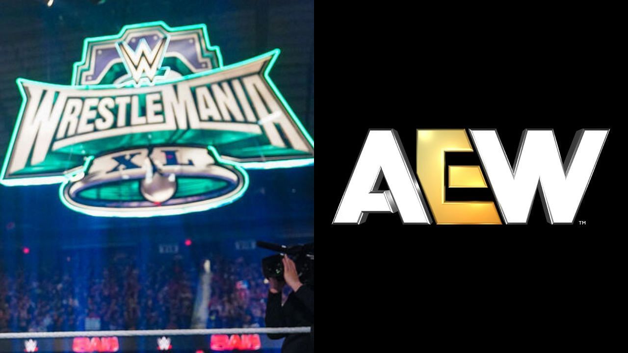 WrestleMania 40 logo (left) and AEW logo (right)