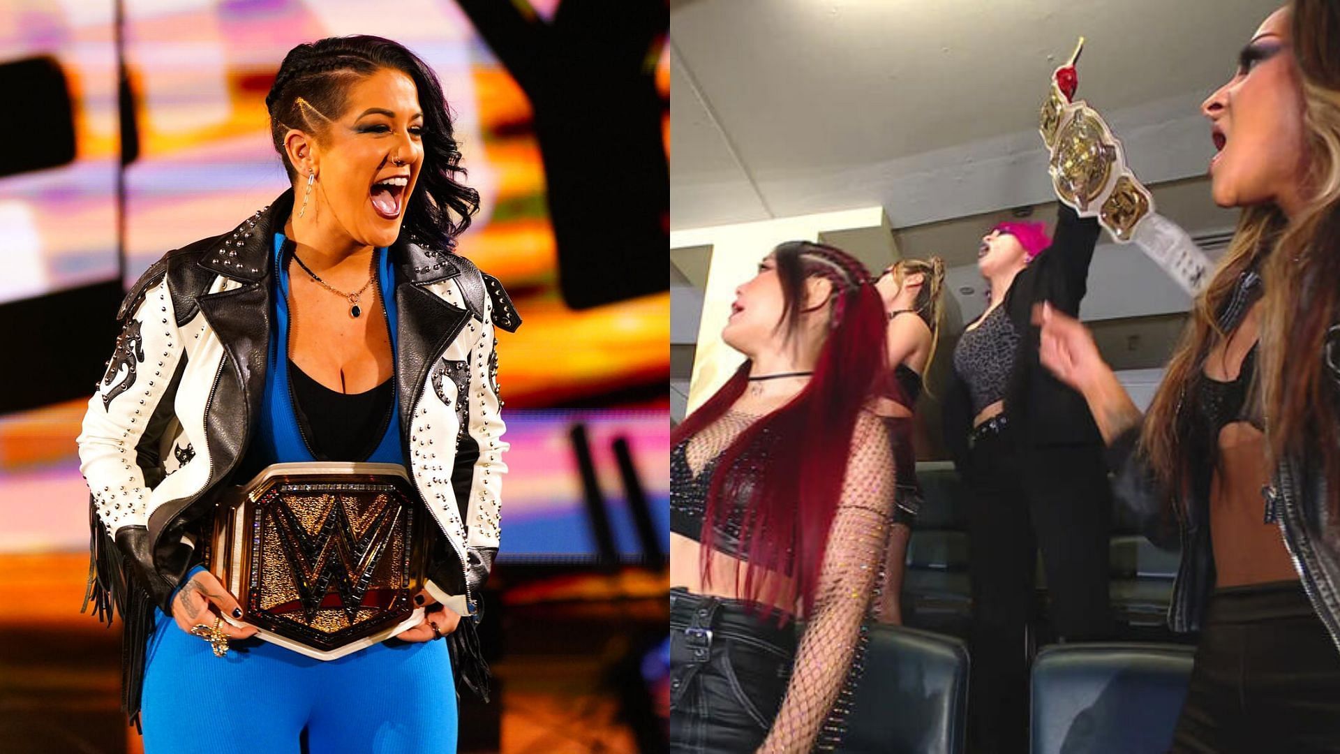 Bayley (left) and her former Damage CTRL stablemates (right)