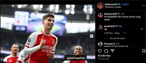 Joao Felix reacts to Kai Havertz's Instagram post