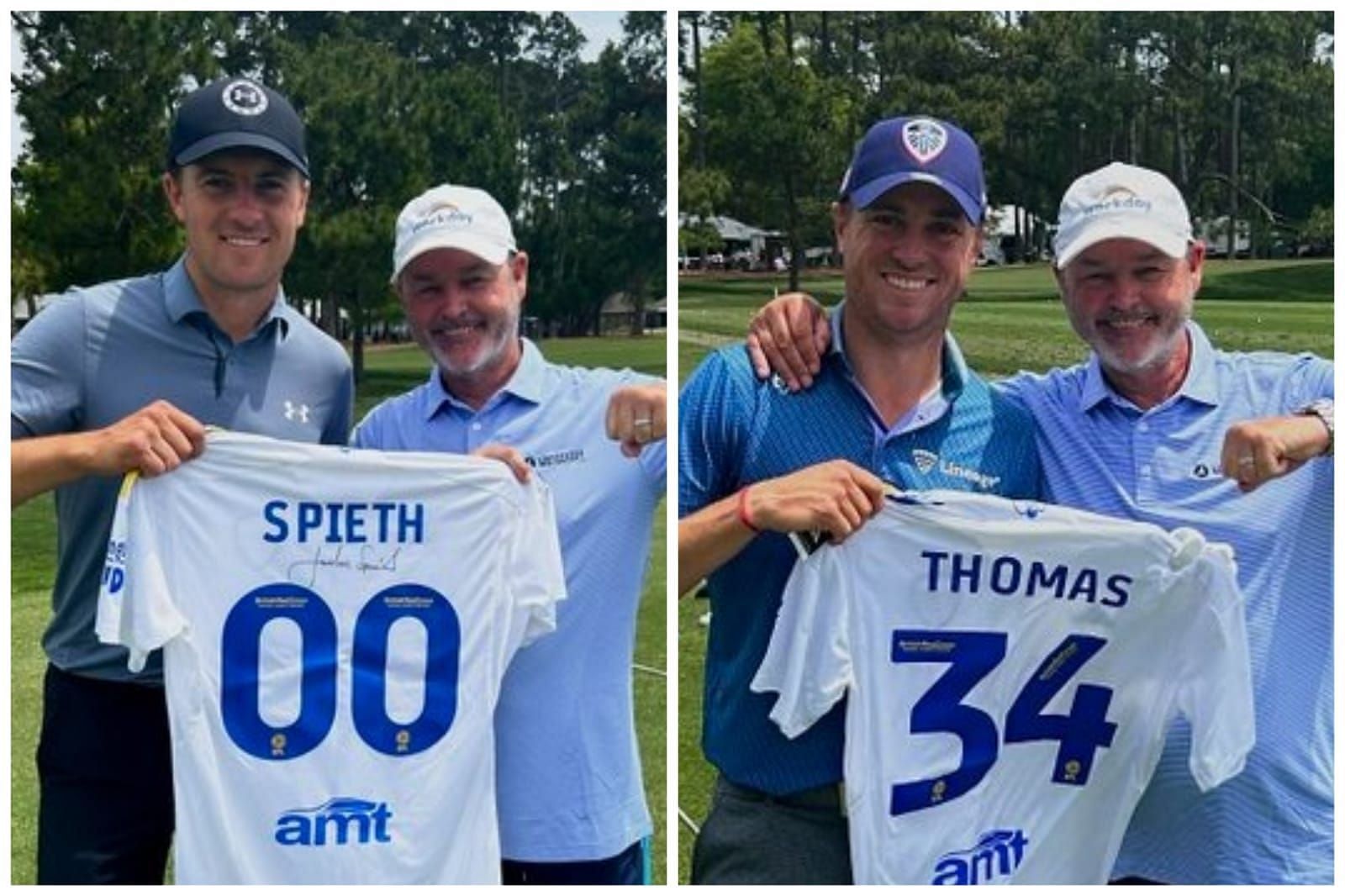 Billy Foster presents personalized Leeds United jersey to Jordan Spieth and Justin Thomas