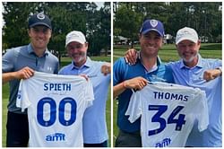 Billy Foster presents personalized Leeds United FC shirts to Justin Thomas and Jordan Spieth