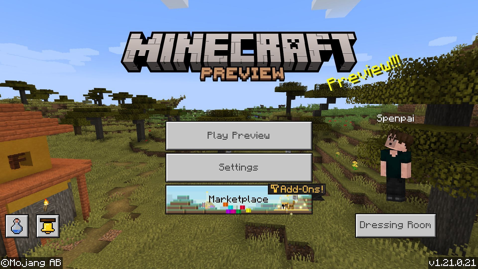 Preview 1.21.0.21&#039;s main menu with the Beta Text Removal pack activated (Image via Mojang)